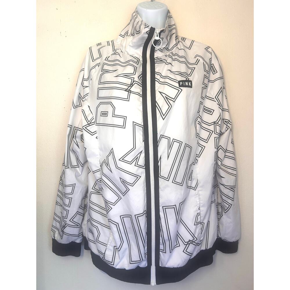 Victoria's Secret PINK White & Black Graffiti Anorak Windbreaker Jacket SZ small